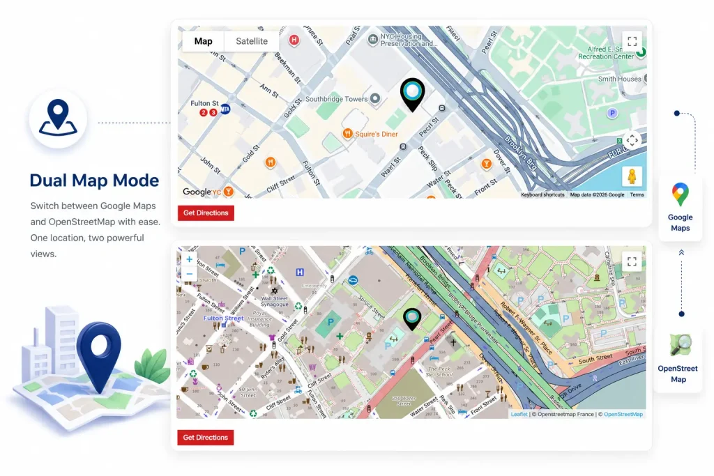 displays google map and OpenStreetMap Leaflet with same location for real estate